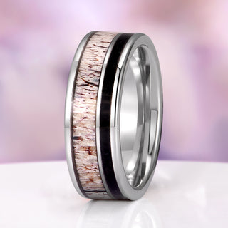 Elk Antler & Black Obsidian Tungsten Carbide Wedding Band (8mm)