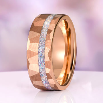Galaxy Rainbow Moonstone Couples Ring Set rose gold band with hammered finish and sparkling moonstone inlay, crafted by Aquamarise, featured in Matching Couples' Rings and Moonstone Jewelry collections.