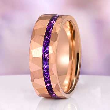 Skye Kite® Natural Amethyst Couples Ring Set featuring a hammered rose gold band with a vibrant purple amethyst inlay by Aquamarise, part of the Matching Couples' Rings collection.