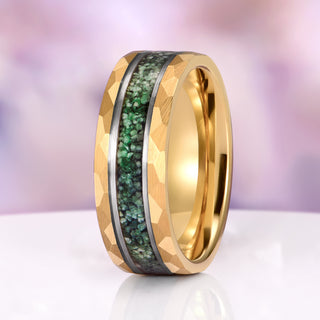 Crushed Green Moss Agate Hammered Wedding Band in Gold Tungsten Carbide (8mm)
