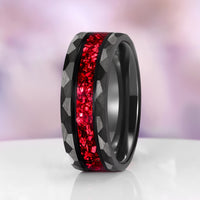 Crushed Red Garnet Couples Ring Set by Aquamarise featuring a bold black band with hammered texture and a vibrant crushed red garnet inlay, a unique matching couples' ring design.
