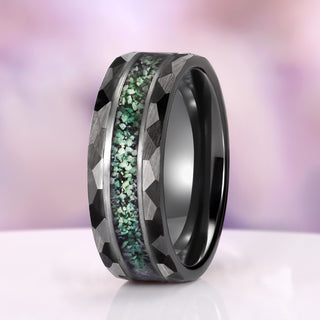 Green Moss Agate Hammered Wedding Band in Two Tone Black/Silver Tungsten Carbide (8mm)