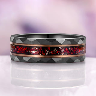 Dinosaur Bone & Meteorite Hammered Wedding Band in Black/Rose Gold Tungsten Carbide (8mm)