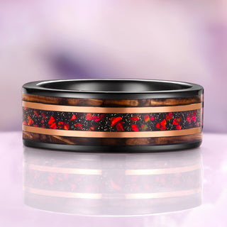 Red Fire Opal & Whiskey Barrel Wedding Band in Black/Rose Gold Tungsten Carbide (8mm)