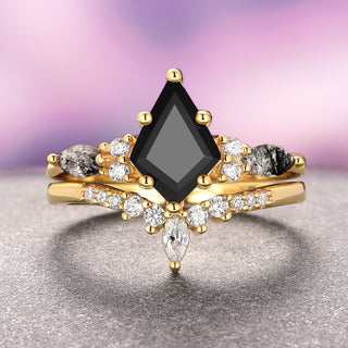 Skye Kite® Black Onyx and Herkimer Diamond Ring Set- 14K Solid Yellow Gold