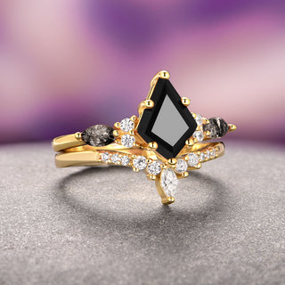 Skye Kite® Black Onyx and Herkimer Diamond Ring Set- 14K Solid Yellow Gold