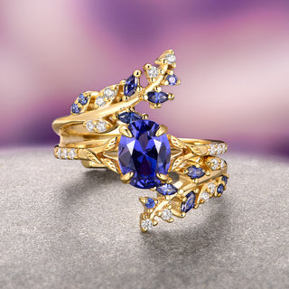 Blue Sapphire Leaf Engagement Ring Set- 14K Solid Yellow Gold