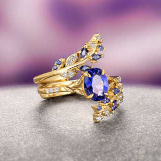 Blue Sapphire Leaf Engagement Ring Set- 14K Solid Yellow Gold