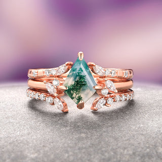 Kite Green Moss Agate Ring Set- 14K Rose Gold Vermeil (3-piece)