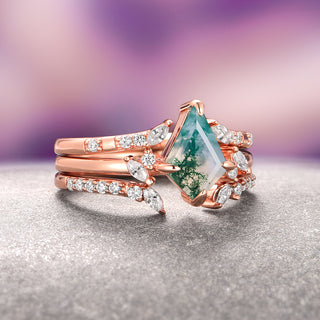 Kite Green Moss Agate Ring Set- 14K Rose Gold Vermeil (3-piece)