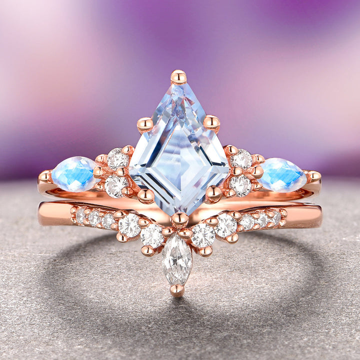 Skye Kite® Aquamarine and Moonstone Ring Set- 14K Solid Rose Gold