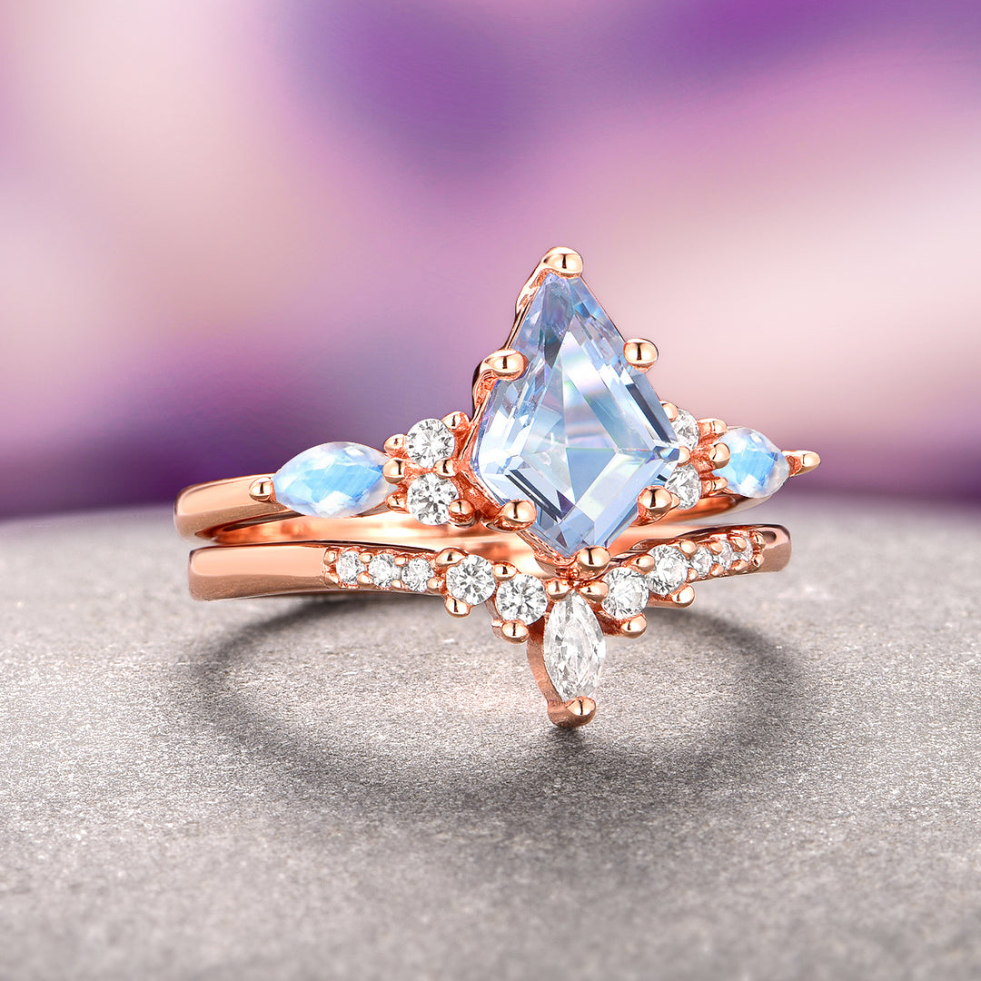 Skye Kite® Aquamarine and Moonstone Ring Set- 14K Solid Rose Gold