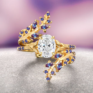 Lab-Grown Diamond & Alexandrite Engagement Ring Set- 14K Solid Yellow Gold (IGI Certified)