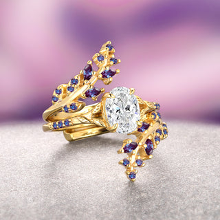 Lab-Grown Diamond & Alexandrite Engagement Ring Set- 14K Solid Yellow Gold (IGI Certified)