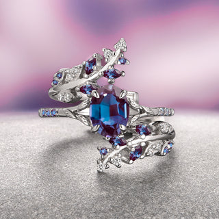 Alexandrite Leaf Engagement Ring Set- 14K White Gold (Two Piece)