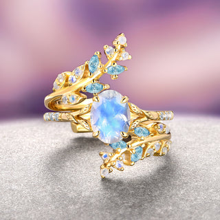 Moonstone and Aquamarine Leaf Engagement Ring Set- 14K Solid Yellow Gold