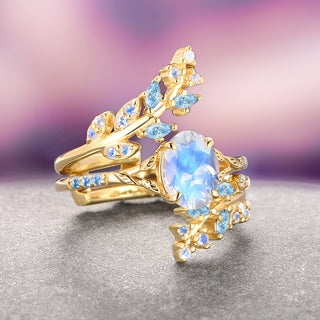 Moonstone and Aquamarine Leaf Engagement Ring Set- 14K Solid Yellow Gold