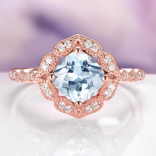 Vintage Cushion Cut Aquamarine Ring in 14k Rose Gold Vermeil