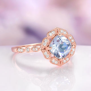 Art Deco Aquamarine Engagement Ring in Solid 14K Rose Gold