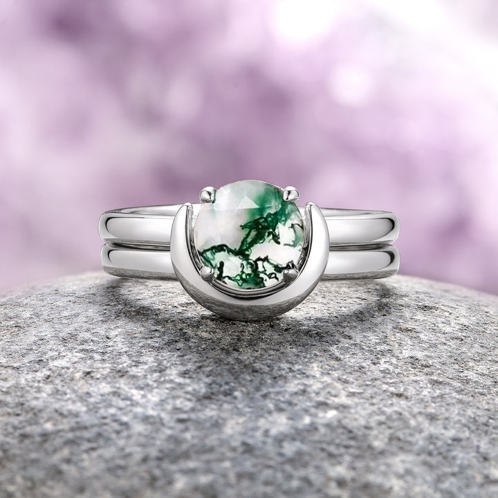 Moss Agate & Crescent Moon Ring Set- Sterling Silver