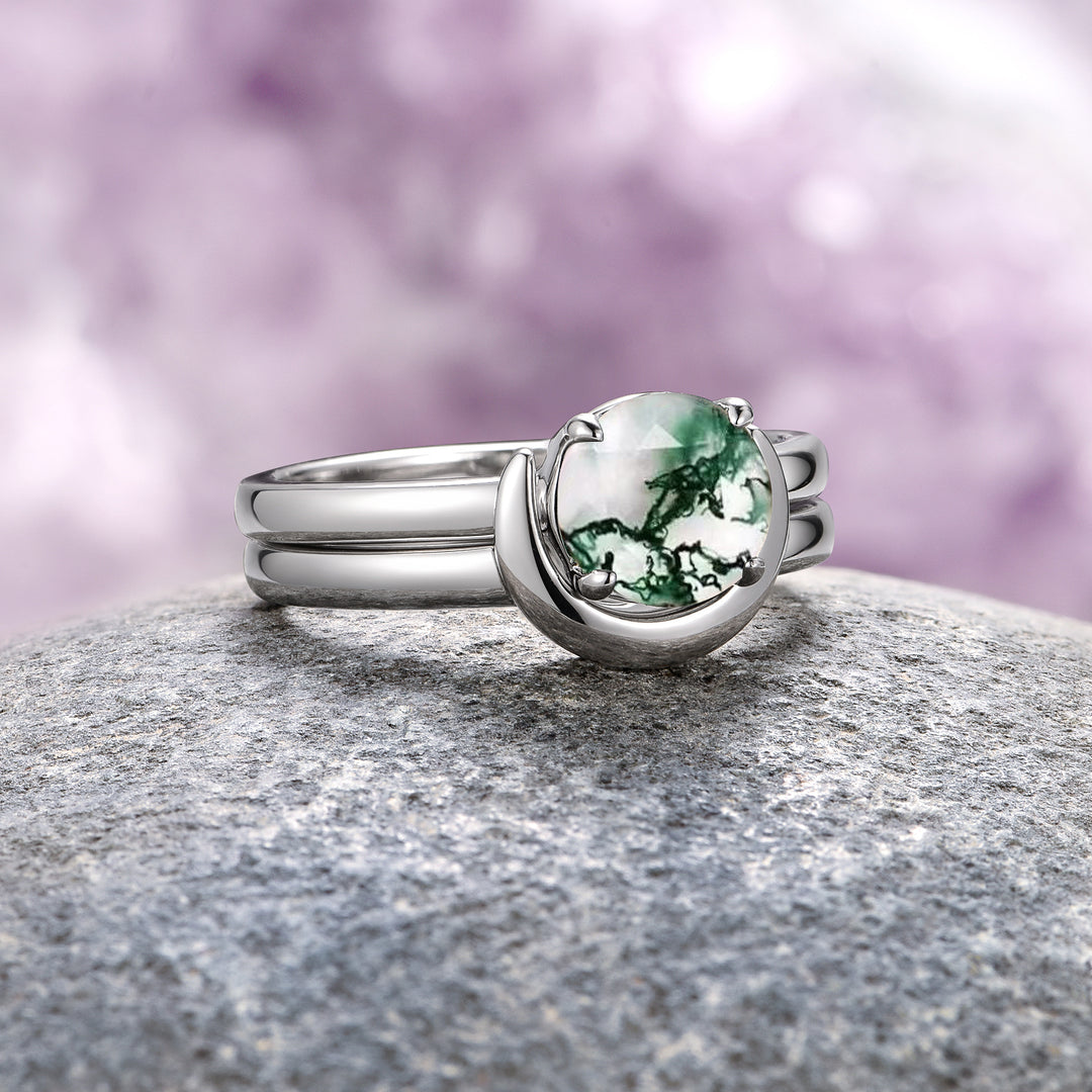 Moss Agate Crescent Moon Engagement Ring Set- 14K White Gold