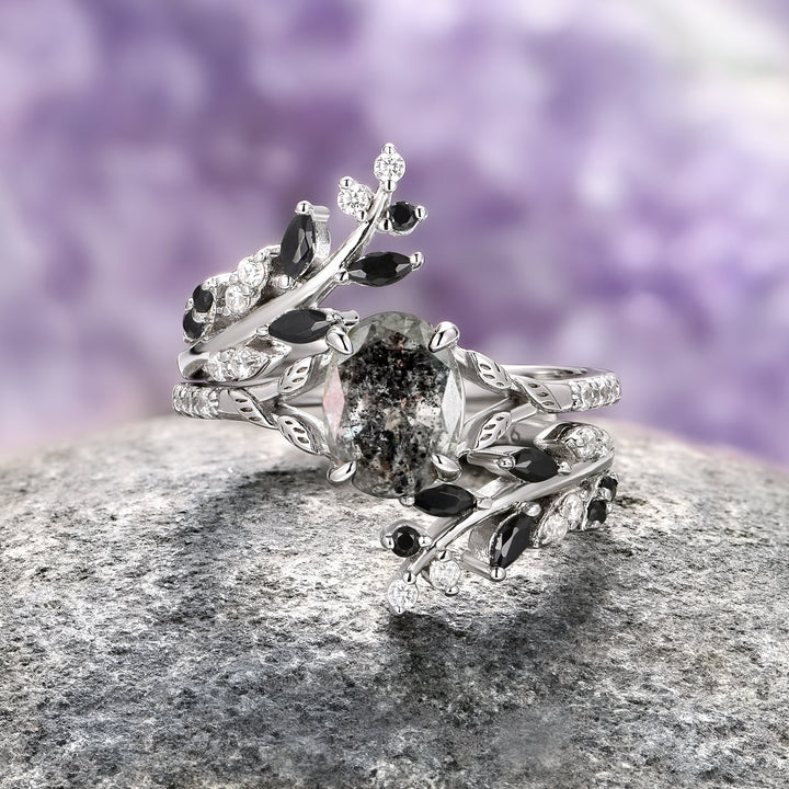 Galaxy Salt and Pepper (Herkimer) Diamond Black Onyx Leaf Ring Set- 14K White Gold