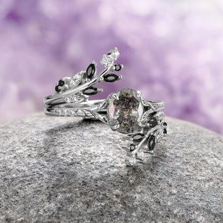 Salt and Pepper (Herkimer) Diamond & Black Onyx Leaf Ring Set in Sterling Silver