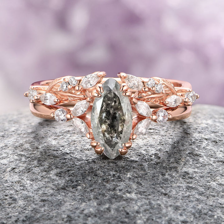 Herkimer Diamond Leaf Ring Set- 14K Solid Rose Gold