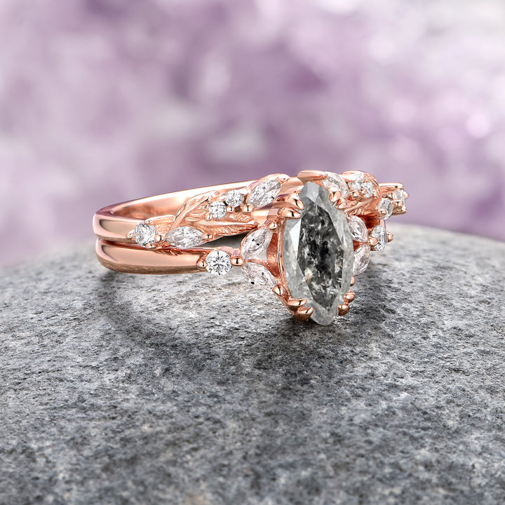 Salt and Pepper (Herkimer) Diamond Leaf Ring Set- 14K Rose Gold Vermeil