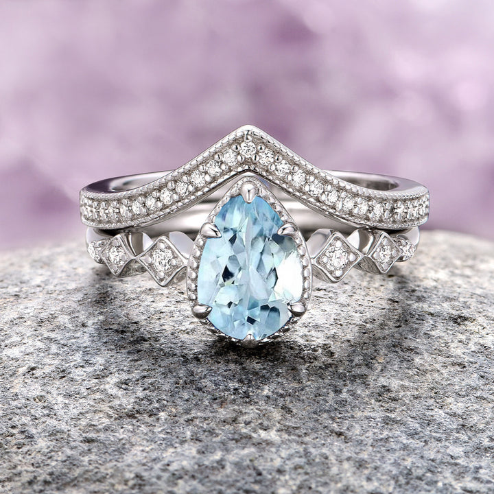 Teardrop Aquamarine Engagement Ring Set- 14K White Gold