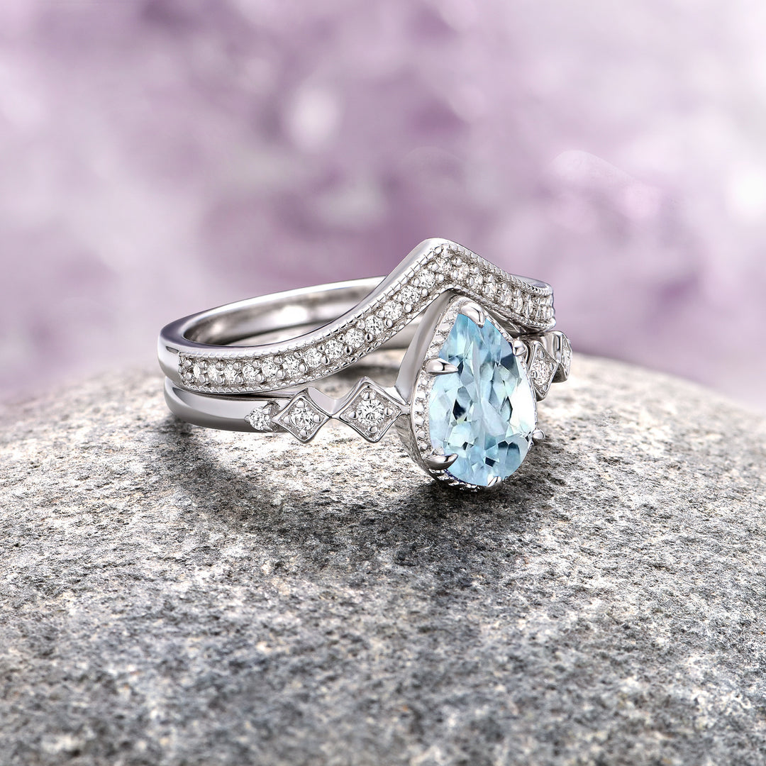 Teardrop Aquamarine Engagement Ring Set- 14K White Gold