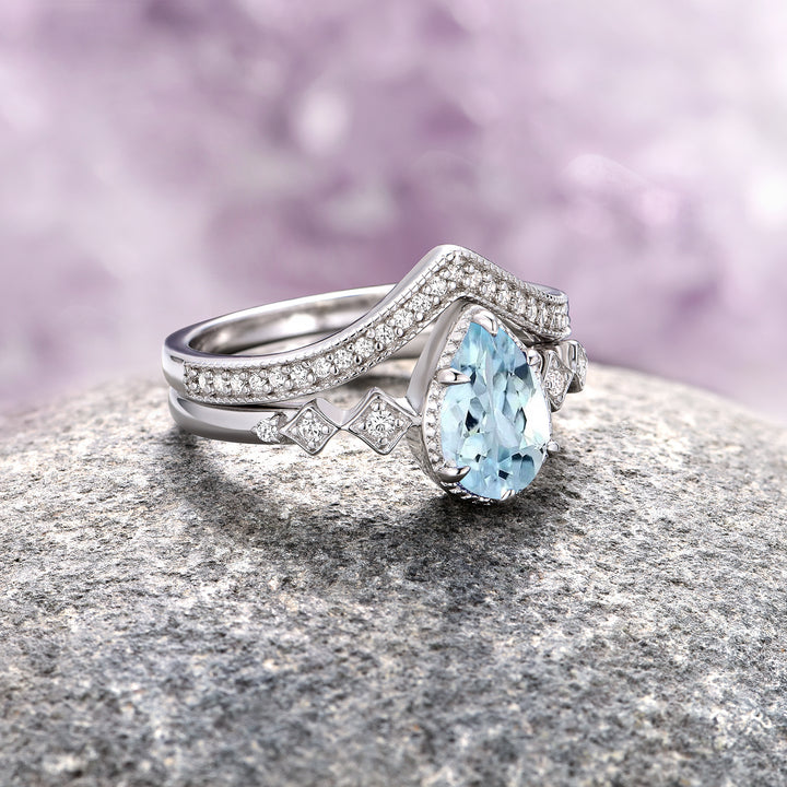 Teardrop Aquamarine Engagement Ring Set- Sterling Silver