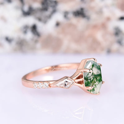 Celtic Green Moss Agate Ring For Women- 14K Rose Gold Vermeil Natural Agate Engagement Ring- Hexagon Promise Ring- Anniversary Gift For Her