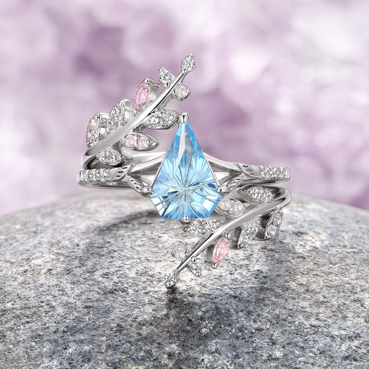 Fantasy Shield Cut Aquamarine & Rose Quartz Leaf Ring Set- 14K White Gold (Two Piece)