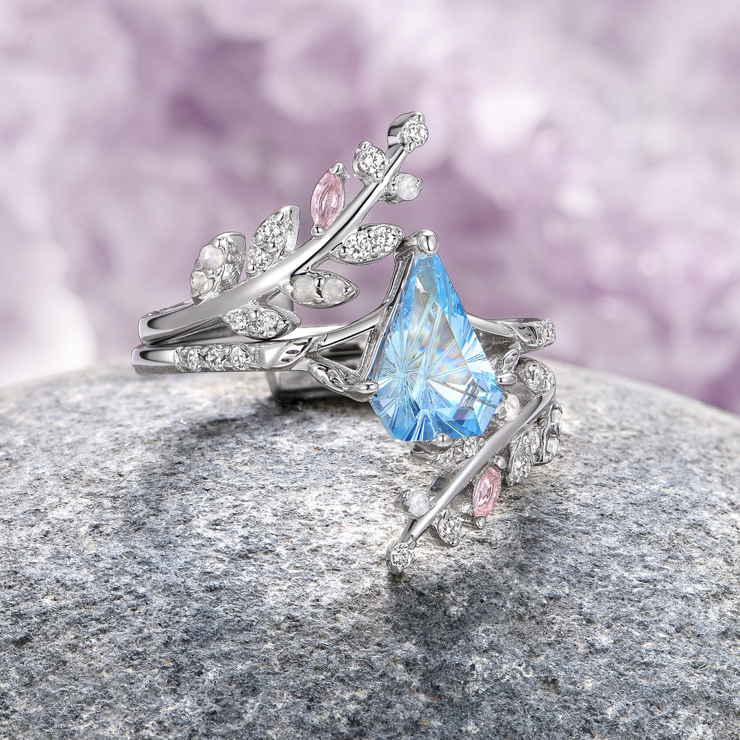 Fantasy Shield Cut Aquamarine & Rose Quartz Leaf Ring Set- 14K White Gold (Two Piece)