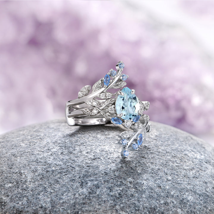 Wisteria Aquamarine Fairy Leaf Ring- 14K White Gold (Two Piece)