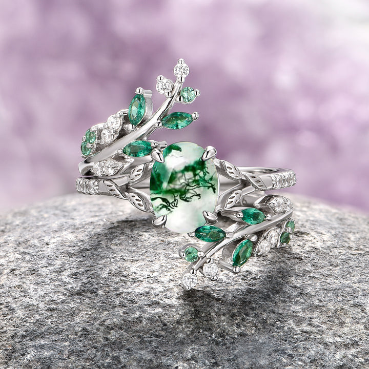 Green Moss Agate & Emerald Leaf Engagement Ring Set- 14K White Gold