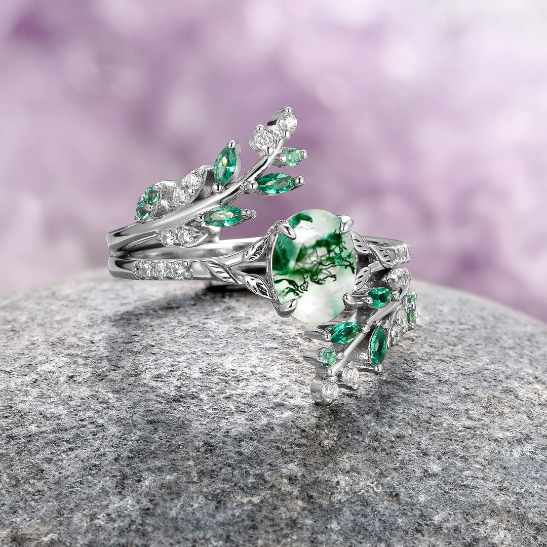 Green Moss Agate & Emerald Leaf Engagement Ring Set- 14K White Gold