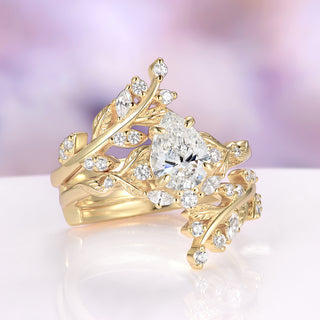 Wisteria Leaf Moissanite Engagement Ring Set in Solid 14K Yellow Gold