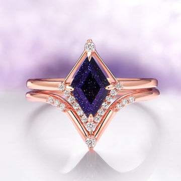 Starry Night Sandstone Ring Set- 14K Solid Rose Gold featuring kite-cut sparkling blue gemstone with rose gold band and delicate diamond accents by Aquamarise Gold.