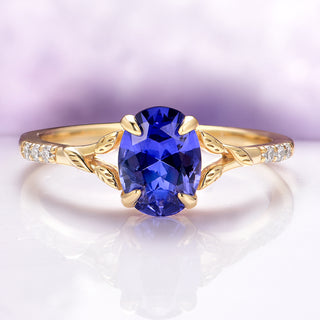 Blue Sapphire Leaf Motif Engagement Ring in 14K Solid Yellow Gold