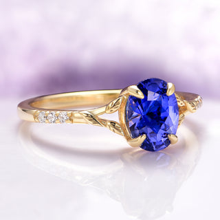 Blue Sapphire Leaf Motif Engagement Ring in 14K Solid Yellow Gold