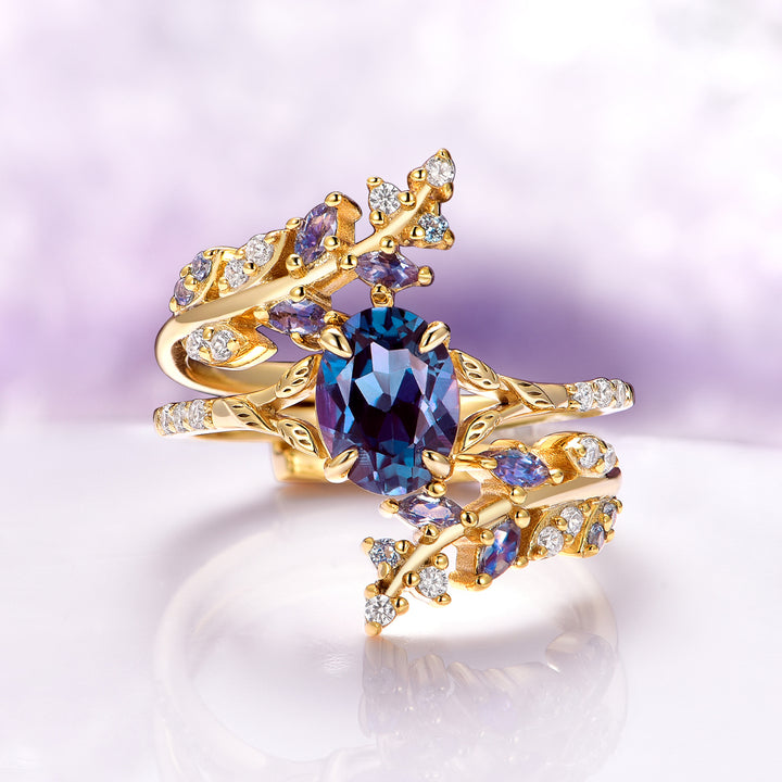 Alexandrite Fairy Leaf Engagement Ring Set- 14K Solid Yellow Gold