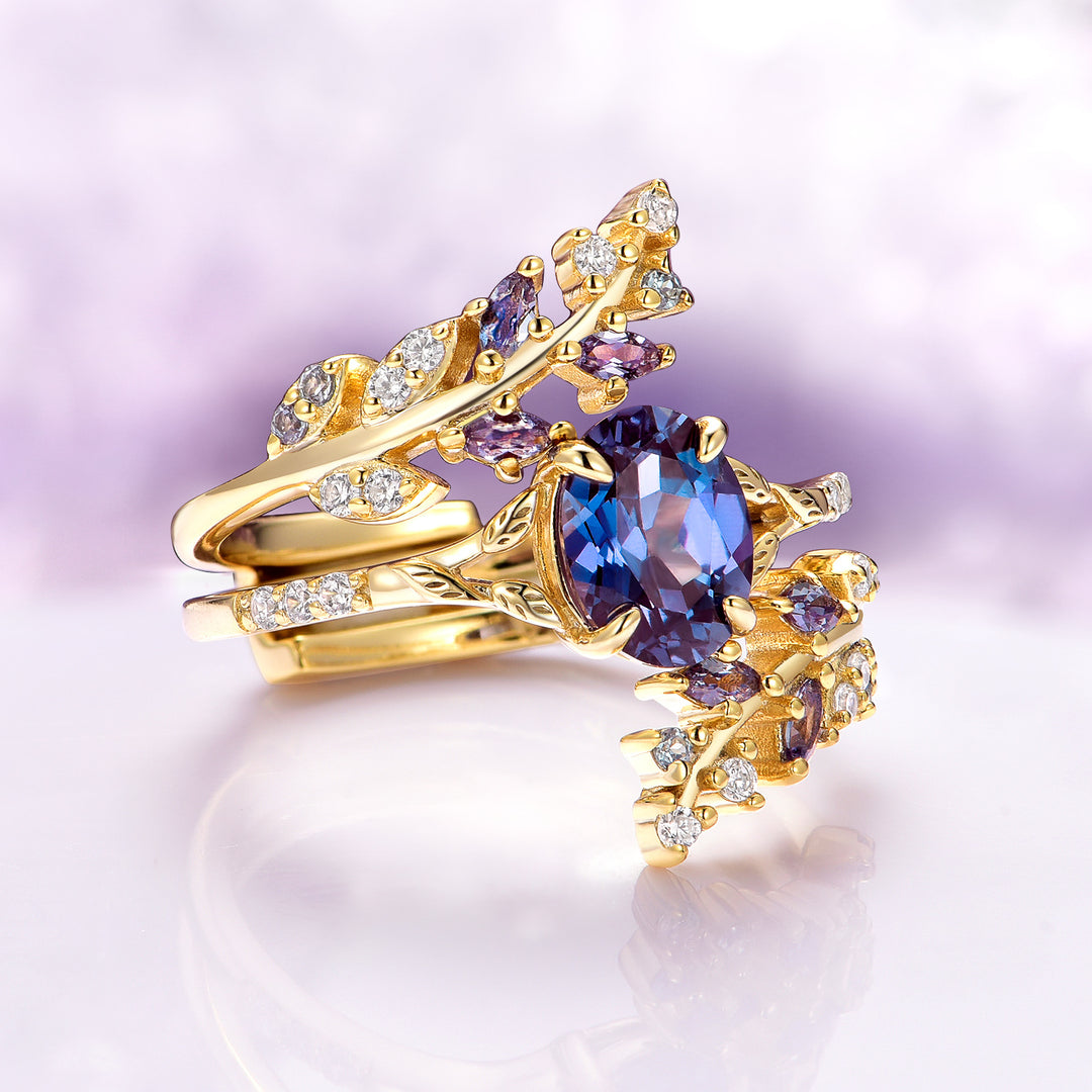 Alexandrite Fairy Leaf Engagement Ring Set- 14K Solid Yellow Gold