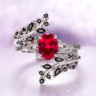 Ruby and Black Onyx Leaf Engagement Ring Set- 14K White Gold