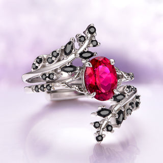 Ruby and Black Onyx Leaf Engagement Ring Set- 14K White Gold