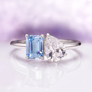 Toi Et Moi Lab-Grown Diamond and Aquamarine Ring- 14K White Gold (IGI Certified)