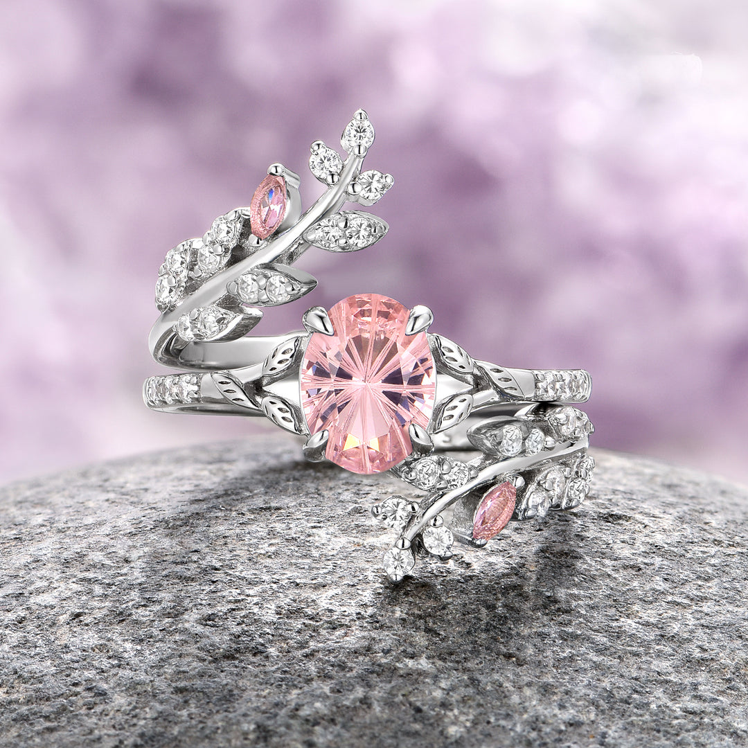 Morganite Fairy Leaf Ring Set- Sterling Silver (Fantasy Cut)