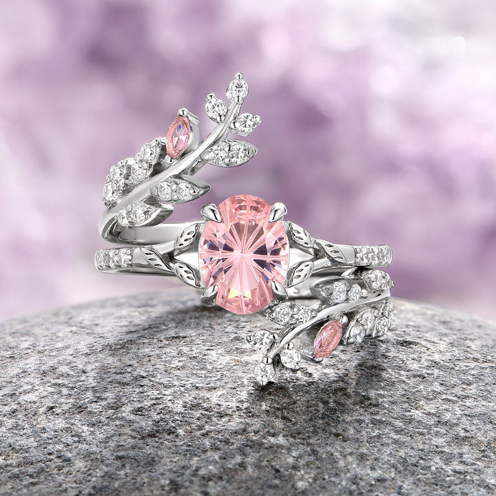 Fantasy Cut Morganite Leaf Ring Set- 14K White Gold (Two Piece)