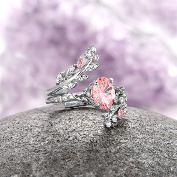 Morganite Fairy Leaf Ring Set- Sterling Silver (Fantasy Cut)